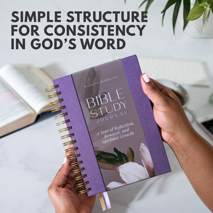 Purple Bible study journal held by a hand with text about consistency in God's word.