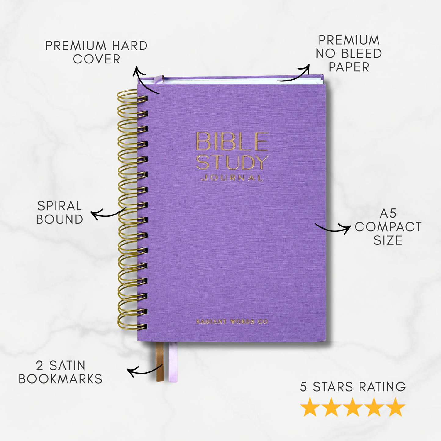 Purple Bible Study journal with features highlighted on a white background