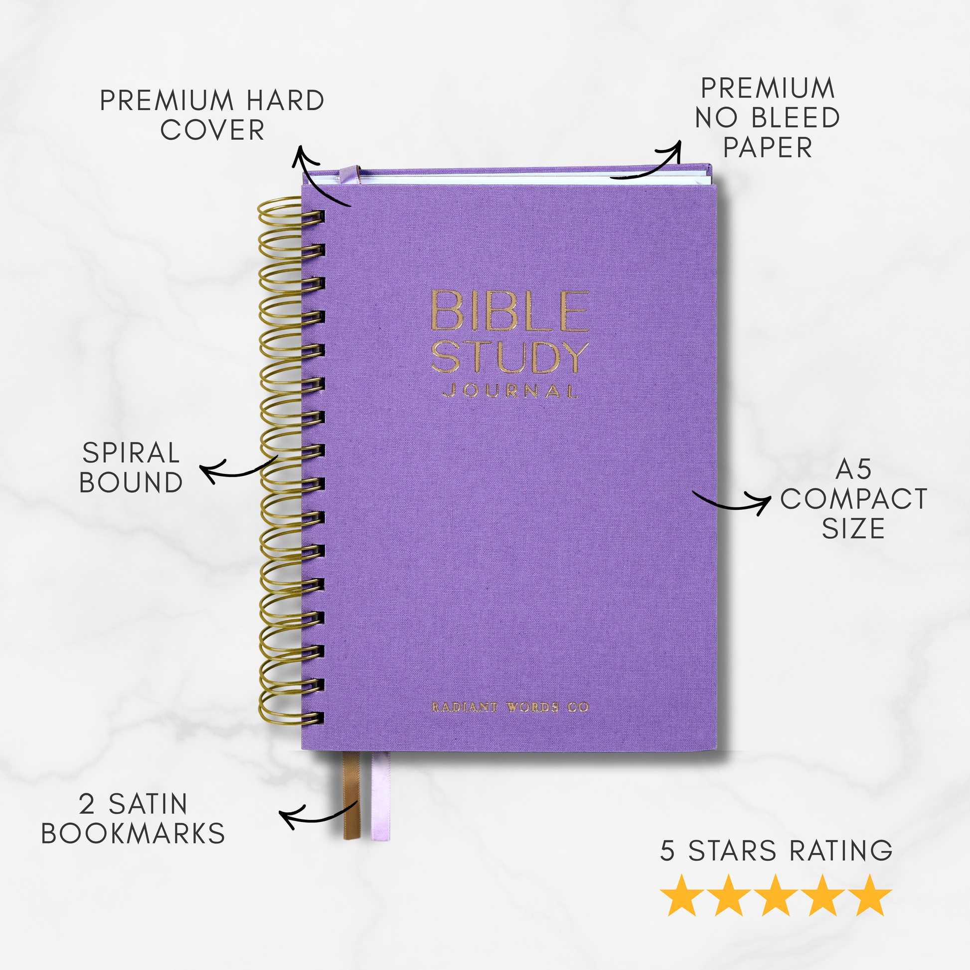 Purple Bible Study journal with features highlighted on a white background