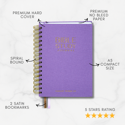 Purple Bible Study journal with features highlighted on a white background