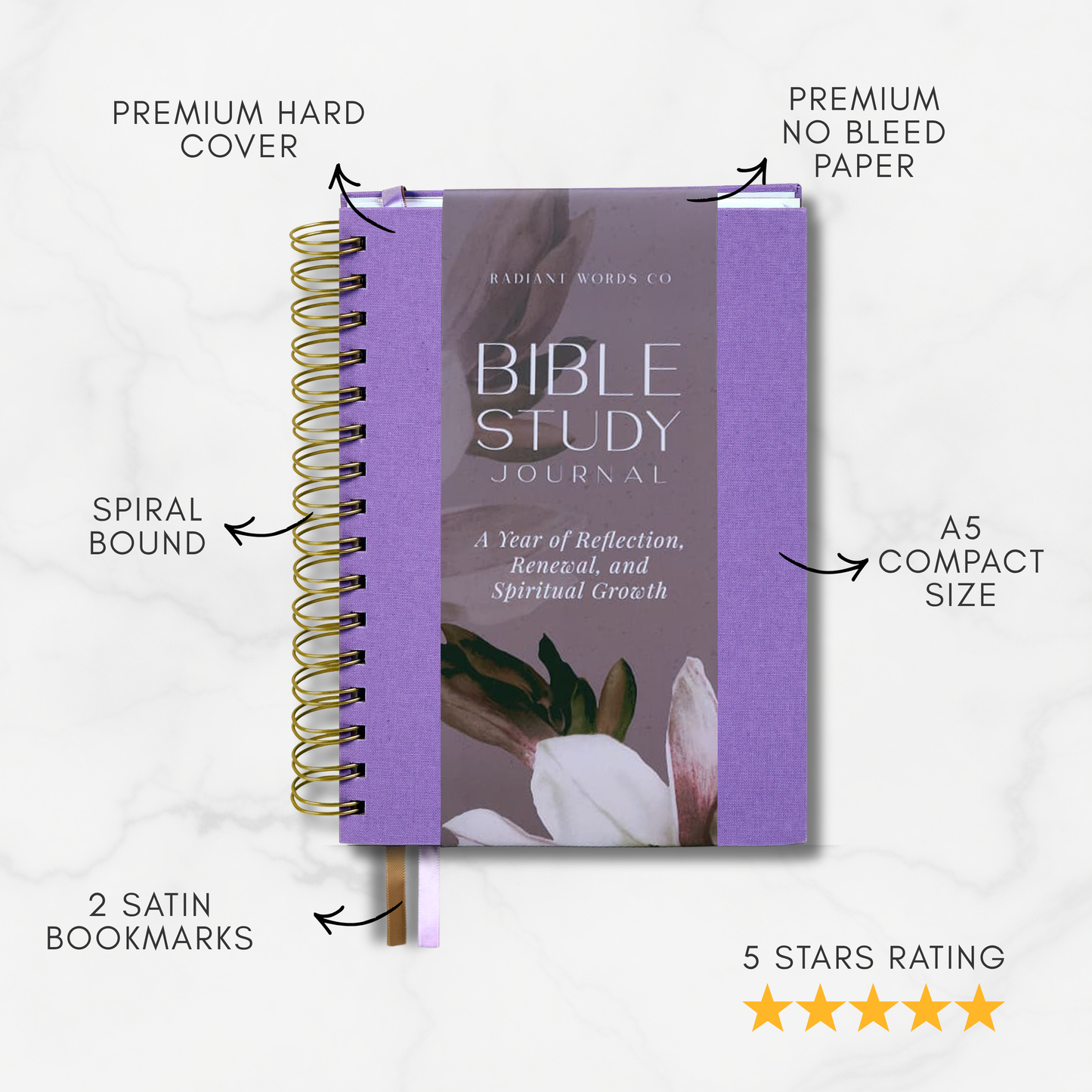 Bible study journal with purple cover and floral design, featuring text on cover.