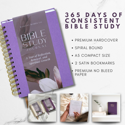Purple Bible study journal with text detailing features on a white background