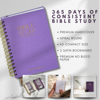 Purple Bible study journal with text detailing features on a white background