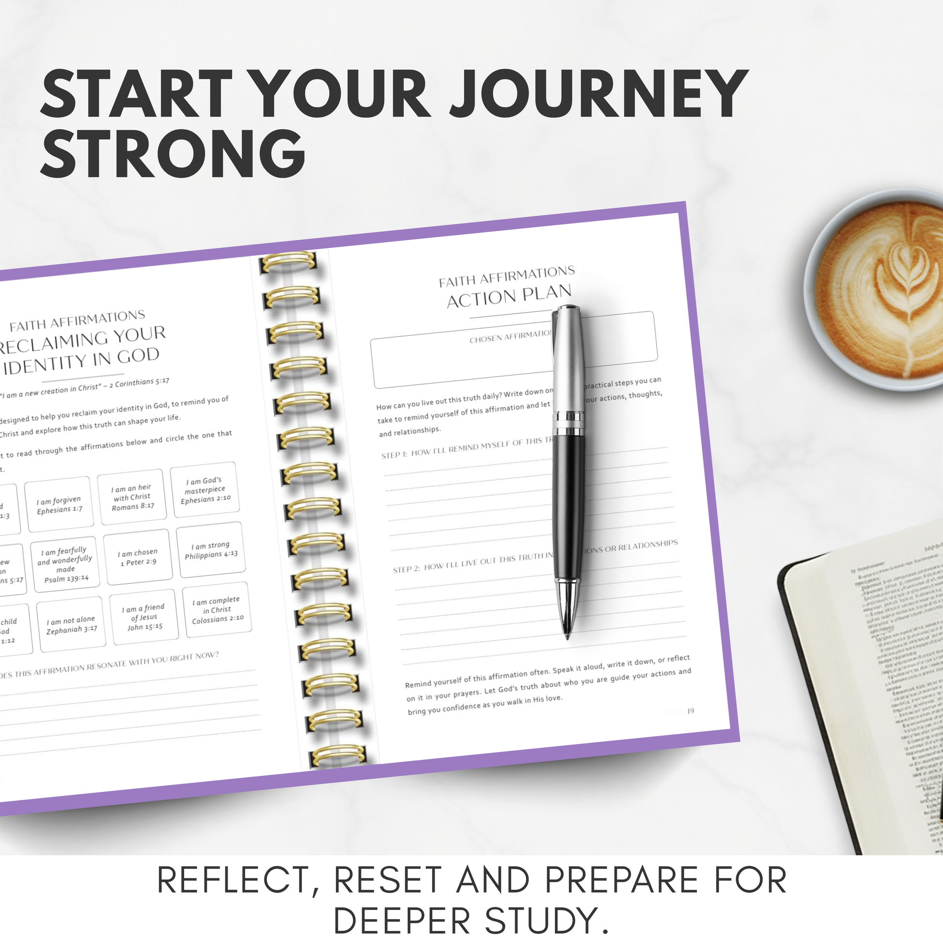 Open planner with faith affirmations action plan, pen, and coffee cup on a white surface.