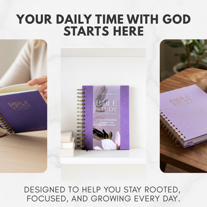Purple Bible study notebook with text 'Your daily time with God starts here' on a white background.