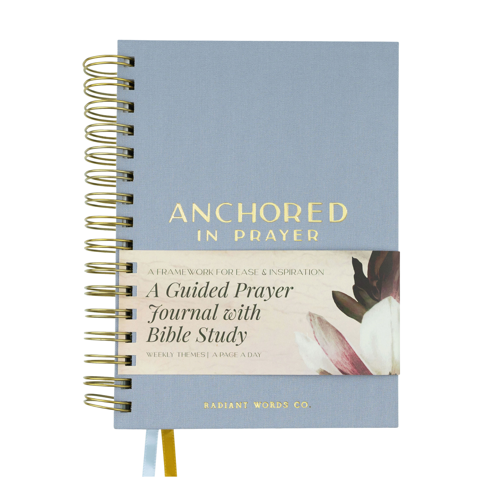 Guided prayer journal with Bible study titled 'Anchored in Prayer' on a white background