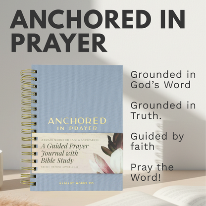Prayer journal titled 'Anchored in Prayer' on a table with text about its features.