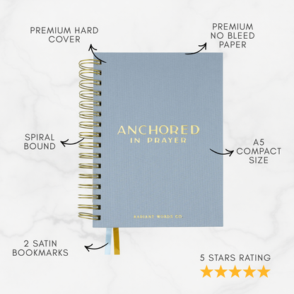Blue notebook titled 'Anchored in Prayer' with features listed on a white background