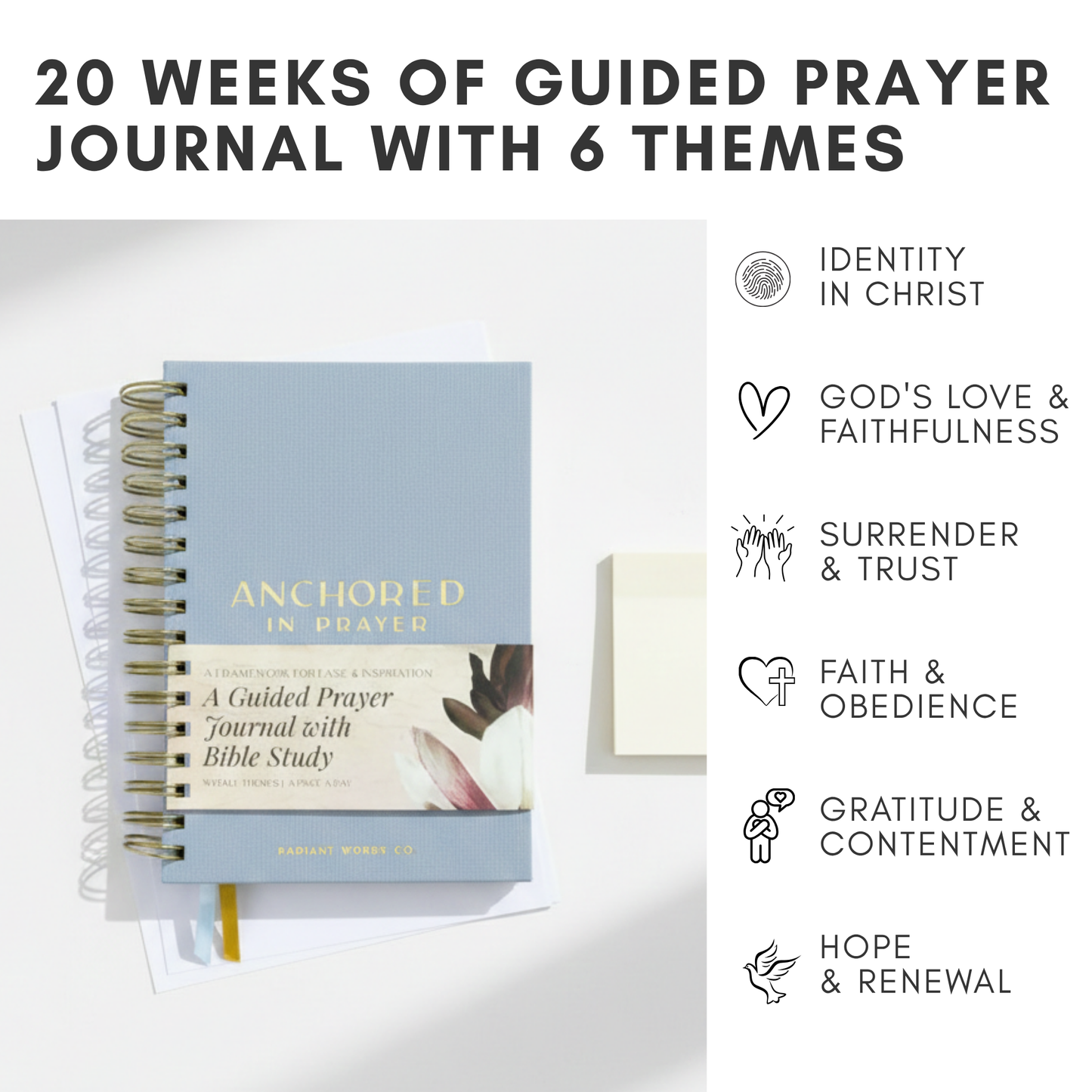 Guided prayer journal with 6 themes on a white background