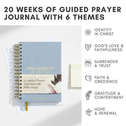 Guided prayer journal with 6 themes on a white background