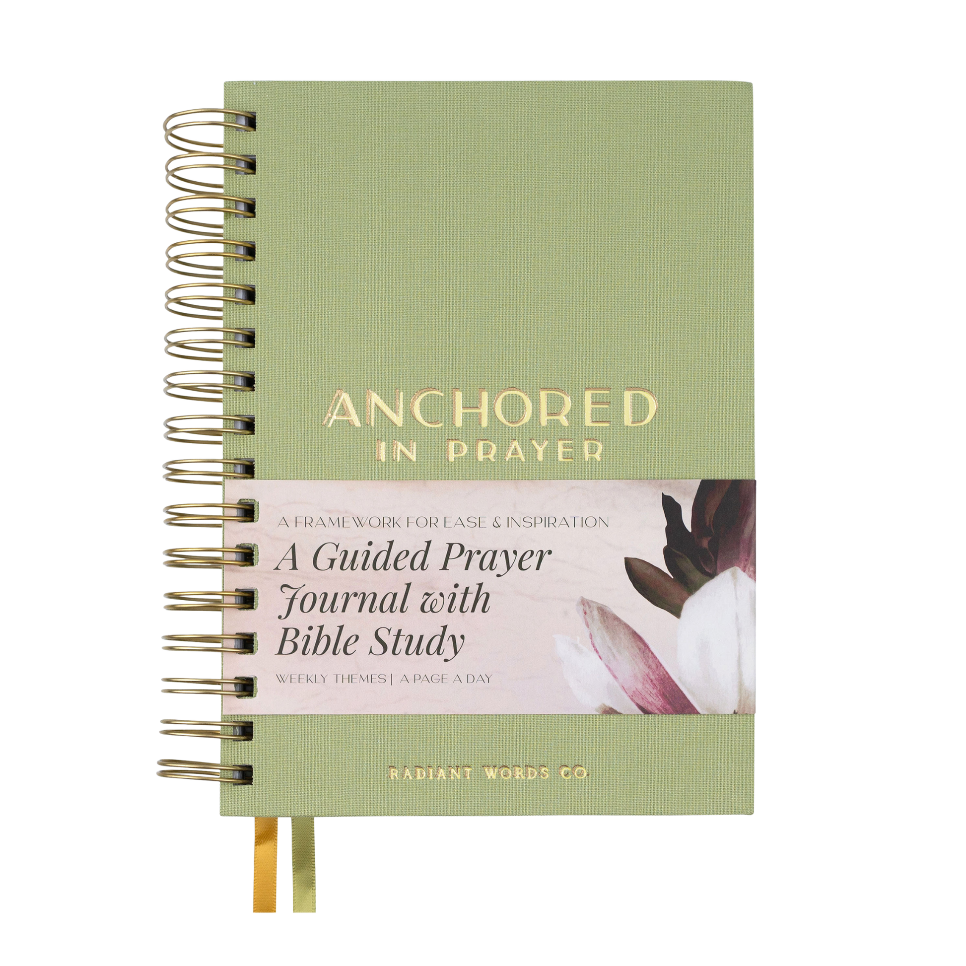 Spiral-bound journal titled 'Anchored in Prayer' with floral design on a white background