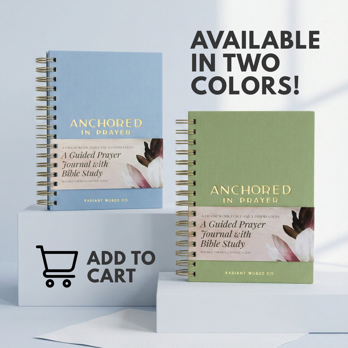 Two prayer journals, one blue and one green, with text indicating availability in two colors and an 'Add to Cart' button.