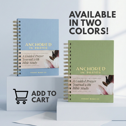Two prayer journals, one blue and one green, with text indicating availability in two colors and an 'Add to Cart' button.