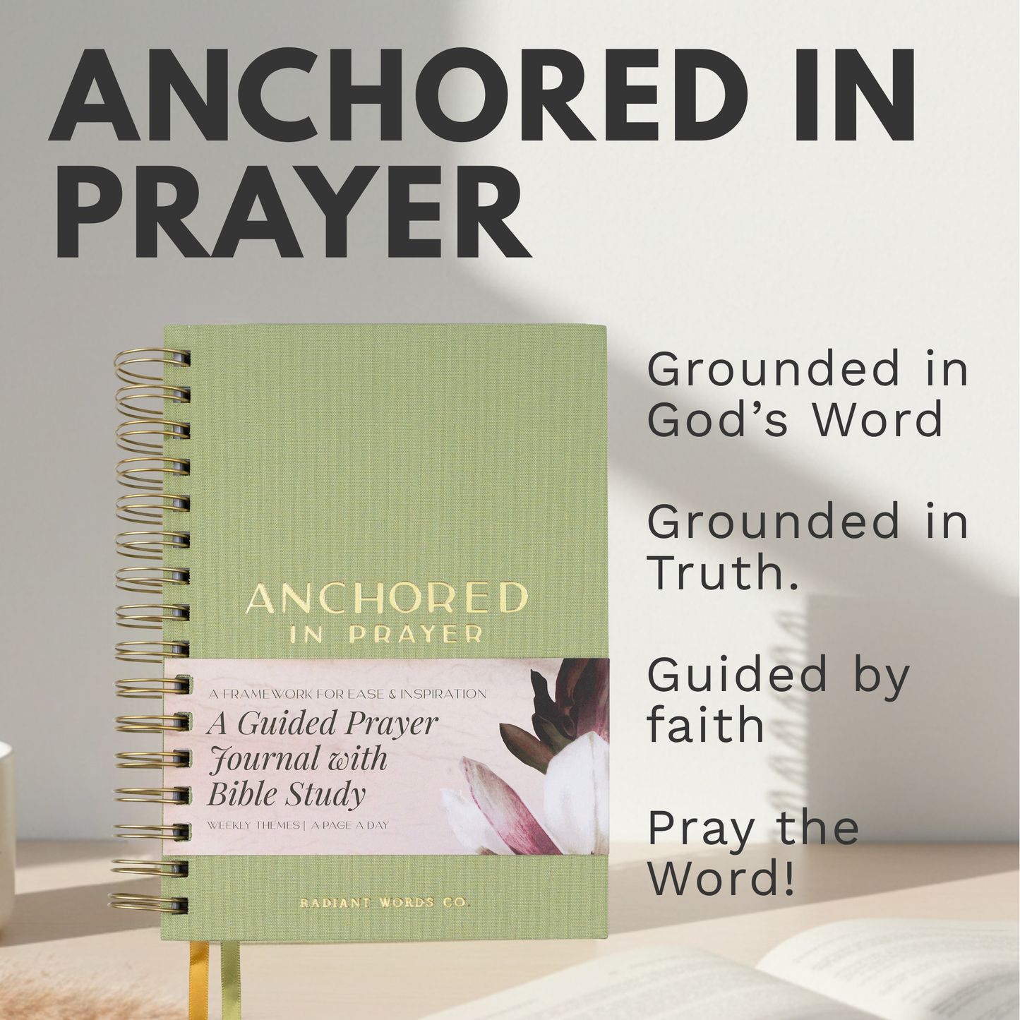 Green prayer journal titled 'Anchored in Prayer' on a white surface with text about its features.