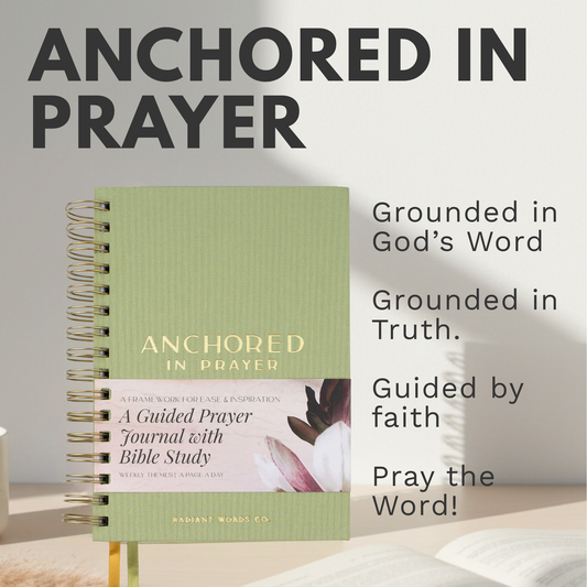 Green prayer journal titled 'Anchored in Prayer' on a white surface with text about its features.