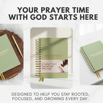 Prayer journal with text 'Your prayer time with God starts here' on a white background
