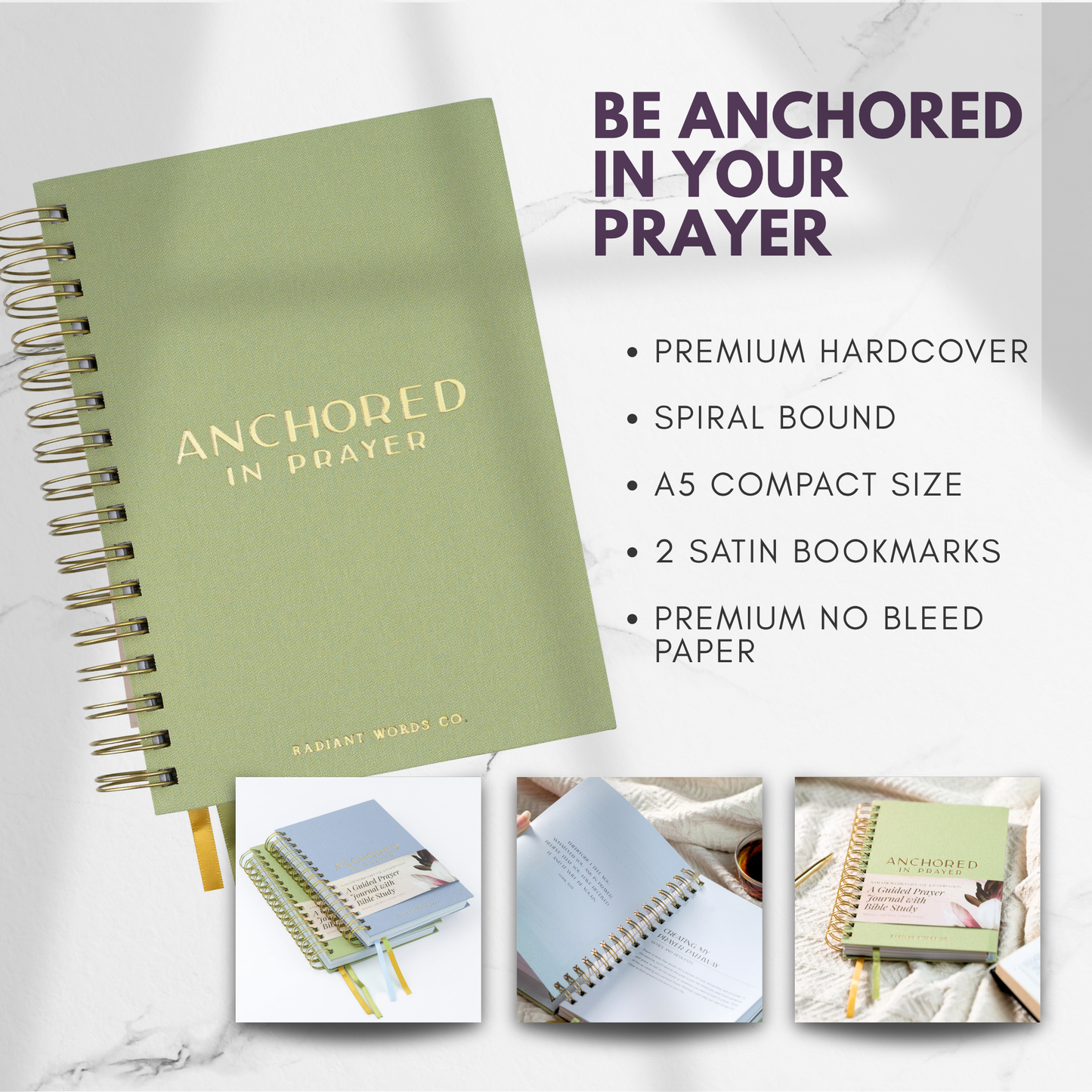 Green notebook titled 'Anchored in Prayer' with product features listed on a white background.