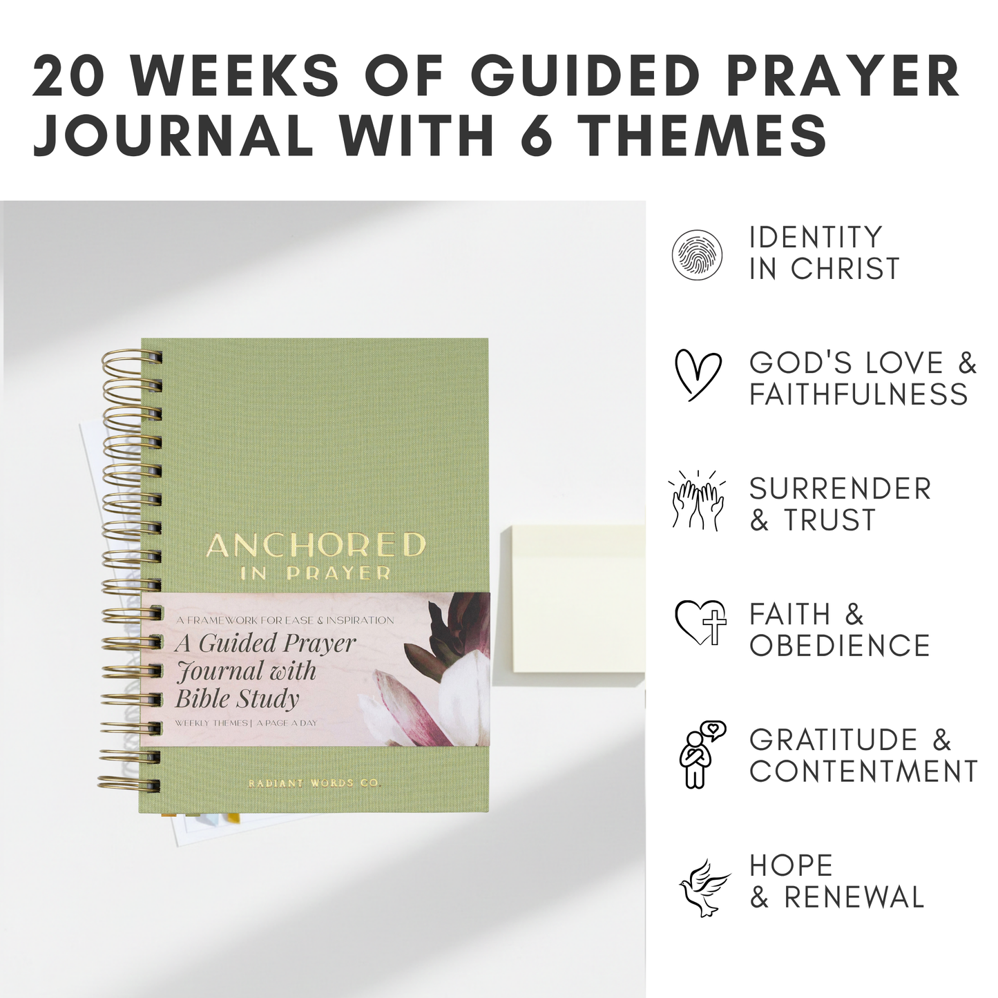 Green prayer journal with text and icons on a white background