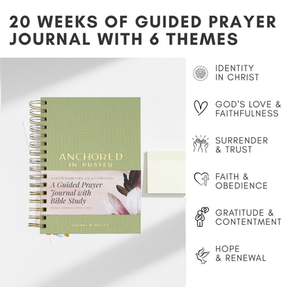 Green prayer journal with text and icons on a white background