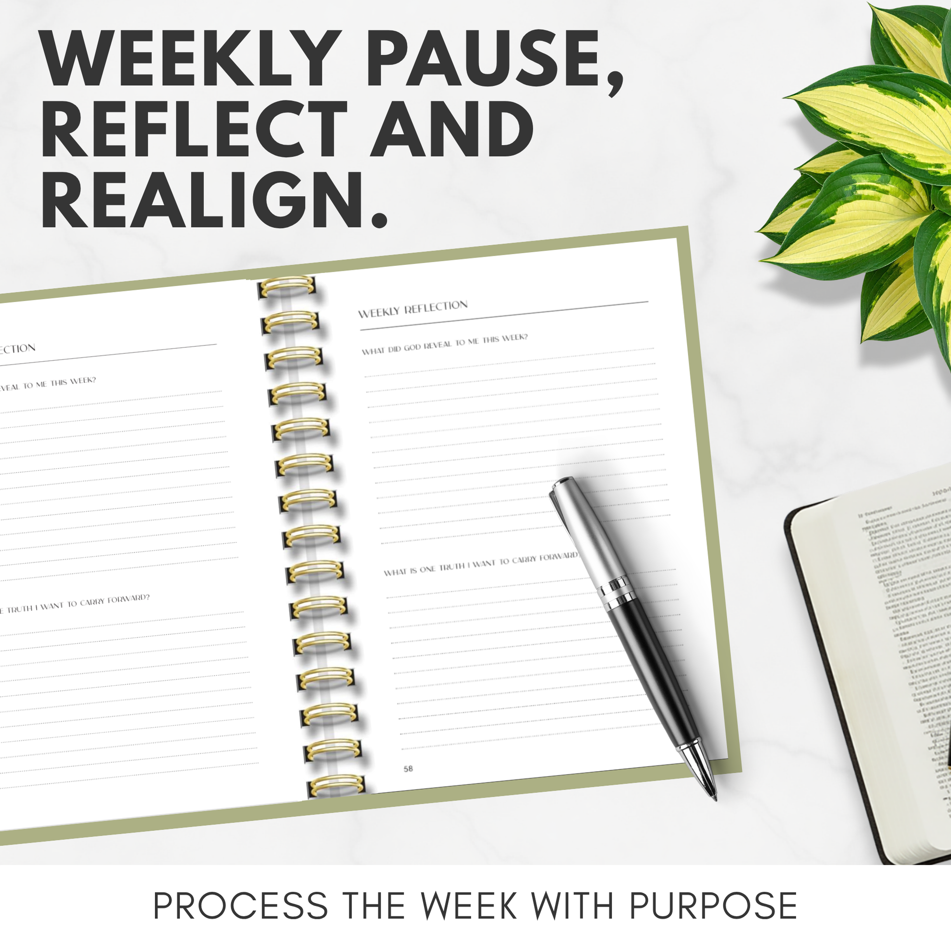Planner with pen and plant on a white surface, text 'Weekly Pause, Reflect and Realign.'
