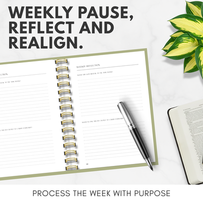 Planner with pen and plant on a white surface, text 'Weekly Pause, Reflect and Realign.'