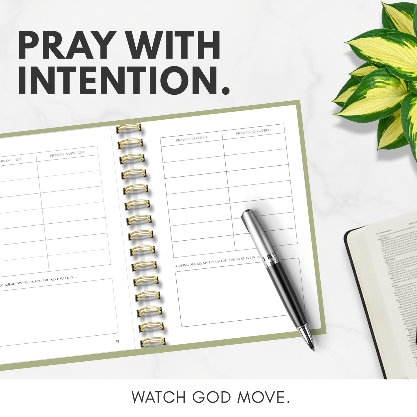 Open planner with pen and plant on a white surface, featuring motivational text.